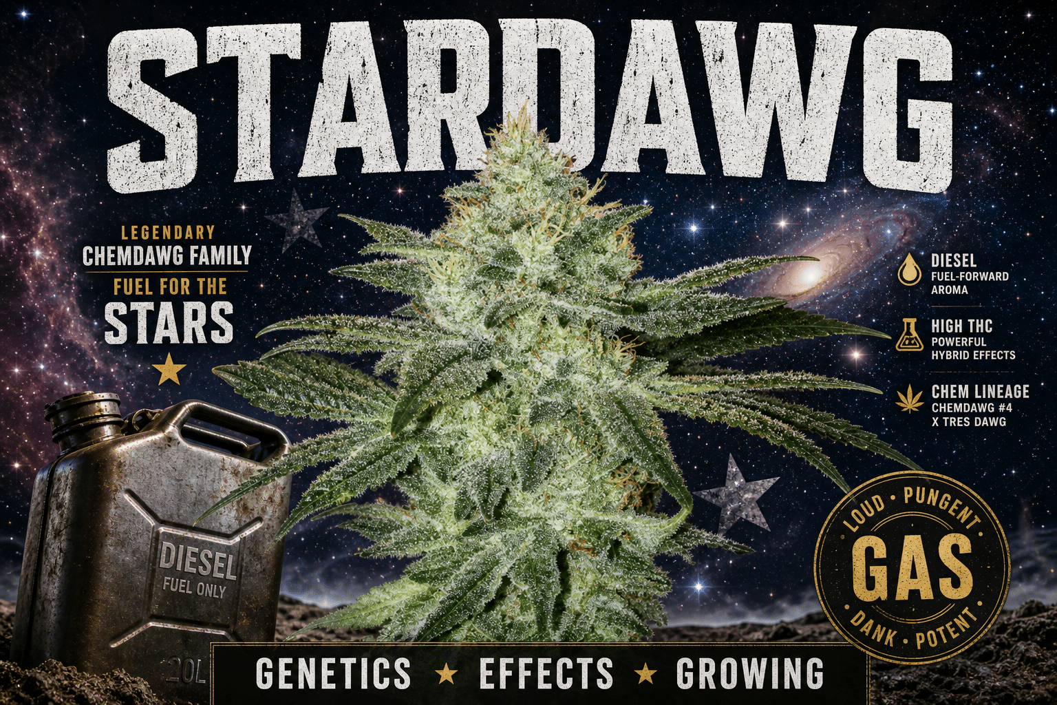 Stardawg strain review featured image showing frosty cola, diesel theme, and Chemdawg-family styling