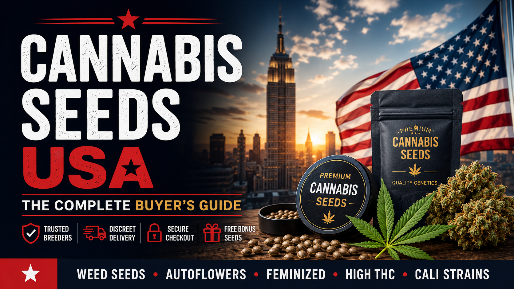 Cannabis Seeds USA buyer’s guide cover with American flag, cannabis seed packaging, discreet delivery and trusted breeder icons