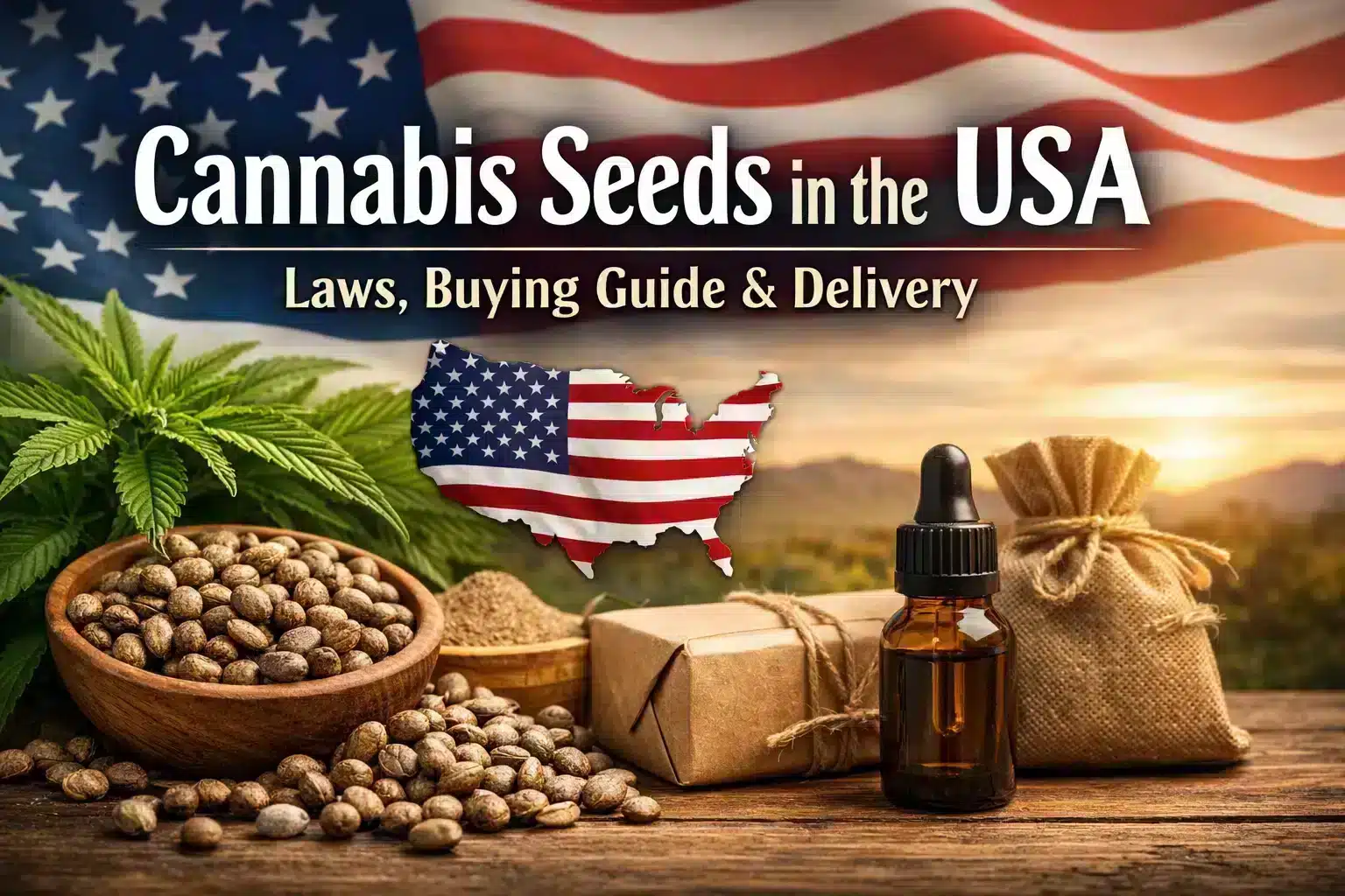 Cannabis seeds in the USA with American flag background representing laws, buying guide and discreet delivery
