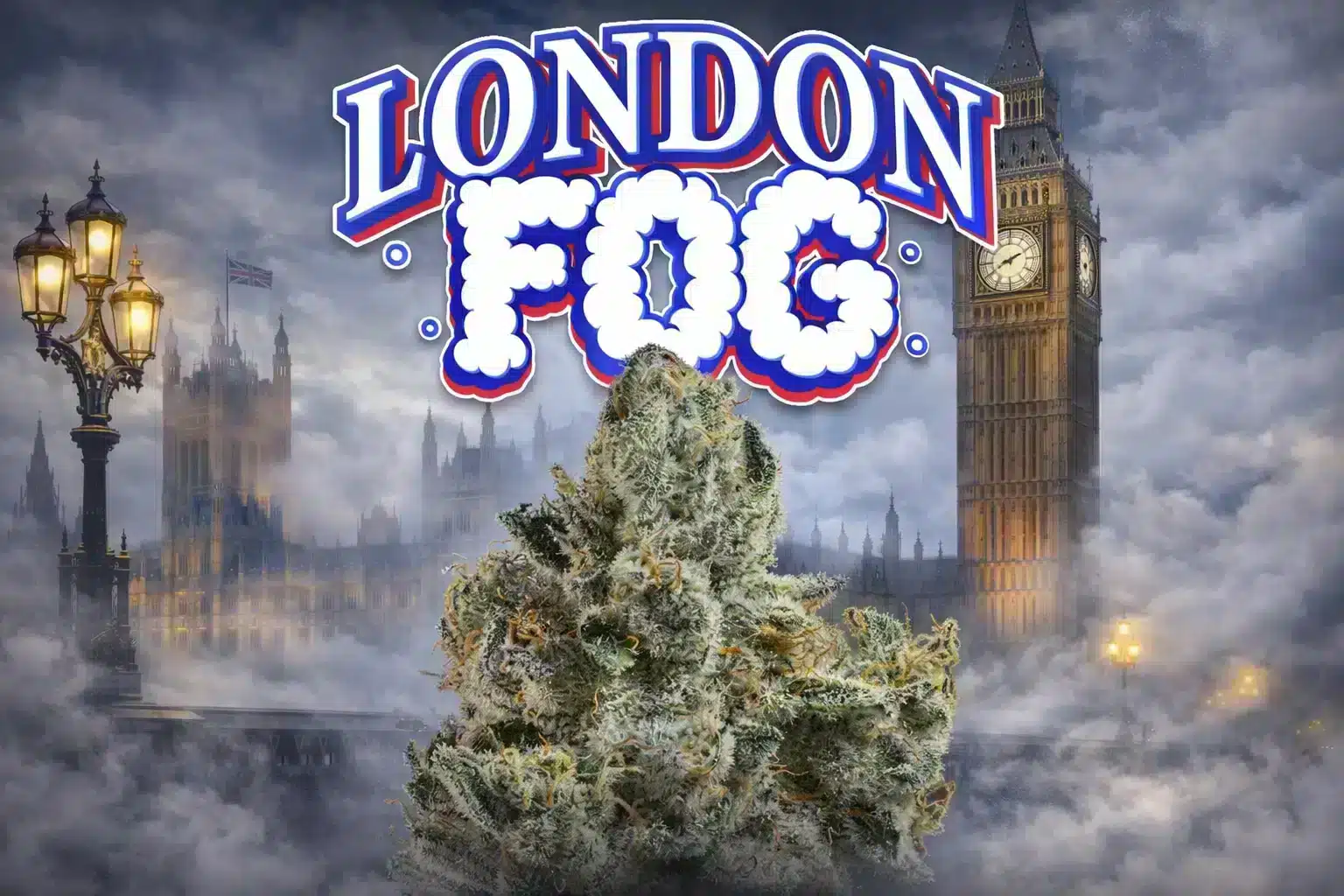 London Fog strain review cover showing frosty London Fog cannabis buds with a misty London backdrop