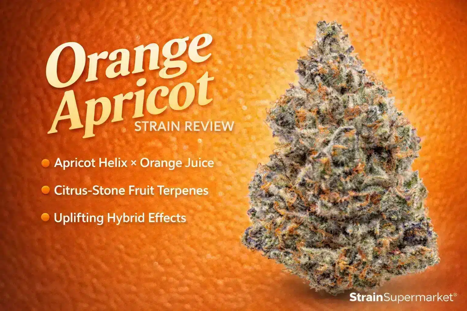Orange Apricot strain review cover showing citrus-themed background, lineage Apricot Helix x Orange Juice and flavour profile highlights