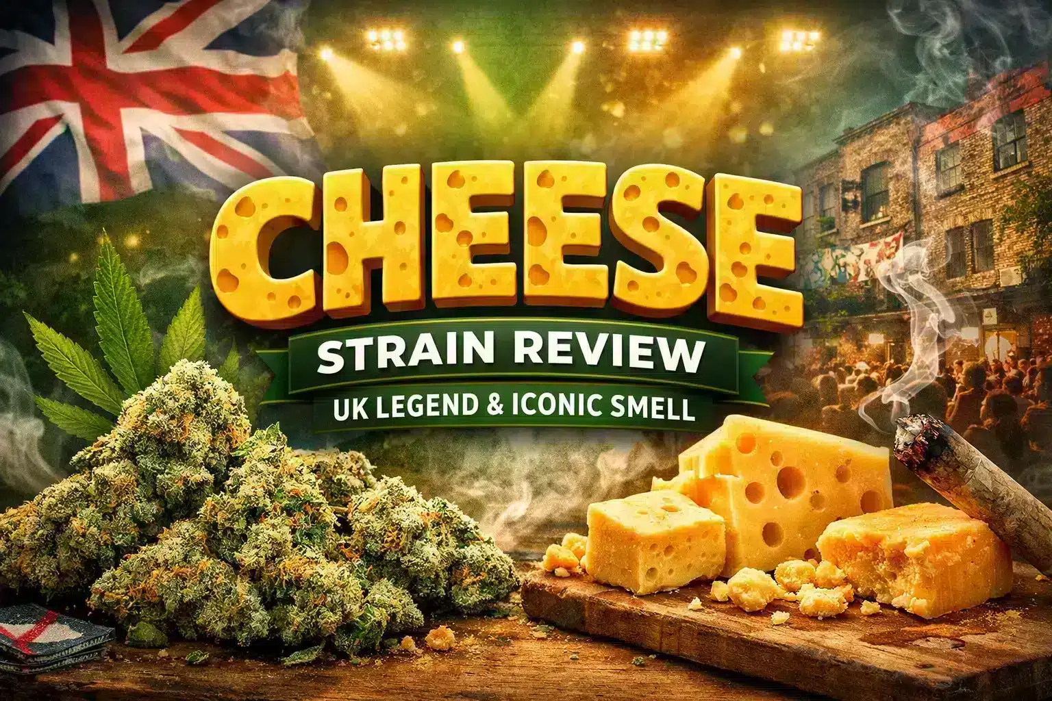 Cheese strain review cover showing UK Exodus Cheese buds with iconic pungent aroma and cannabis culture background