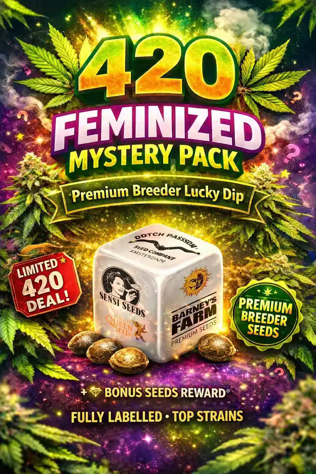 420 Feminized Mystery Pack – Premium Breeder Lucky Dip 420 Feminized Mystery Pack with premium breeder cannabis seeds in a lucky dip selection, fully labelled top strains and limited 420 deal
