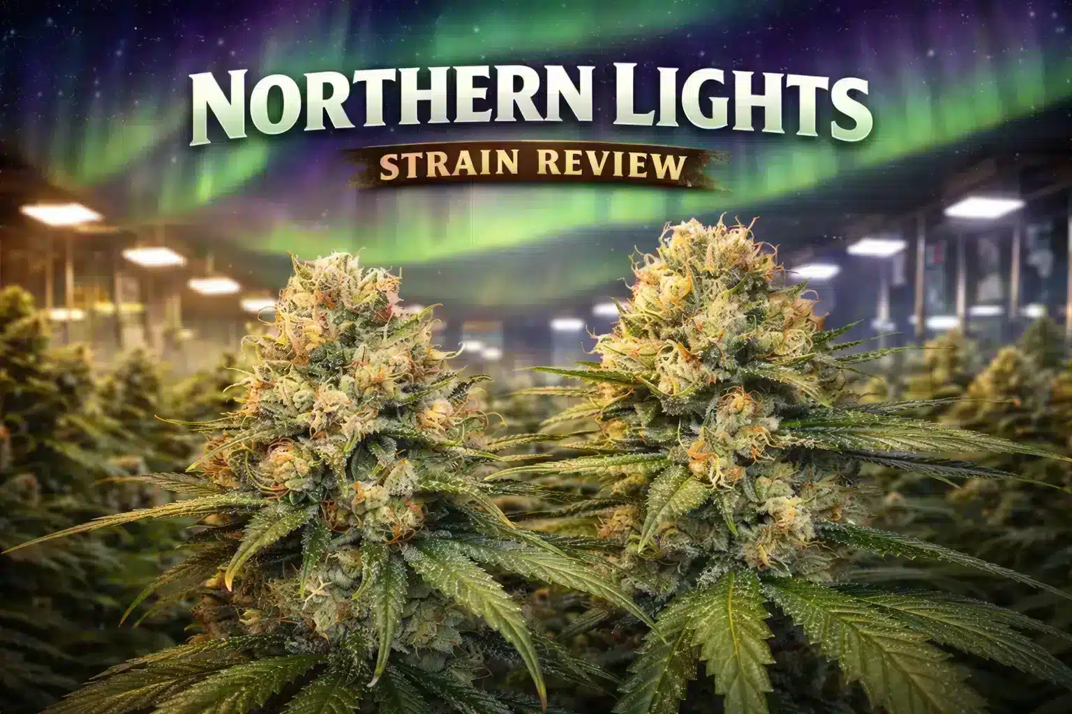 Northern Lights strain review showing indoor cannabis grow with dense indica buds and aurora lights background representing classic Northern Lights genetics