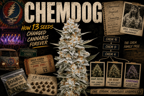 Chemdog history illustration showing the 13 original seeds, Deer Creek 1991, Chem 91, Sour Diesel, OG Kush and Stardawg lineage