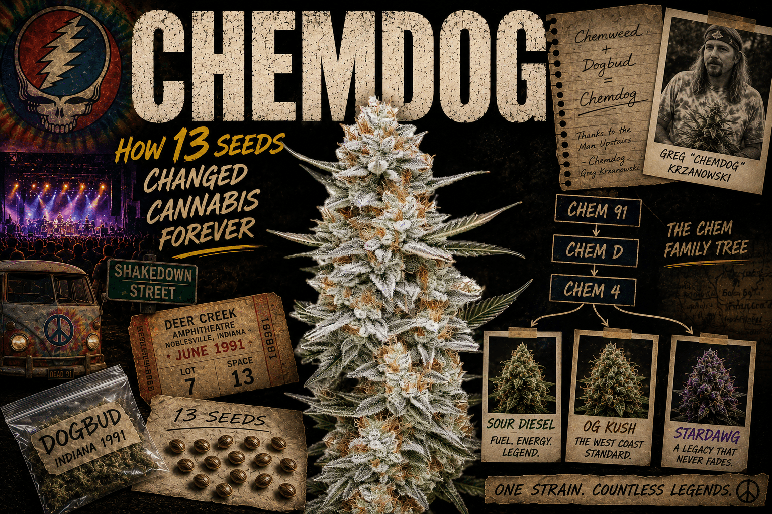 Chemdog history illustration showing the 13 original seeds, Deer Creek 1991, Chem 91, Sour Diesel, OG Kush and Stardawg lineage