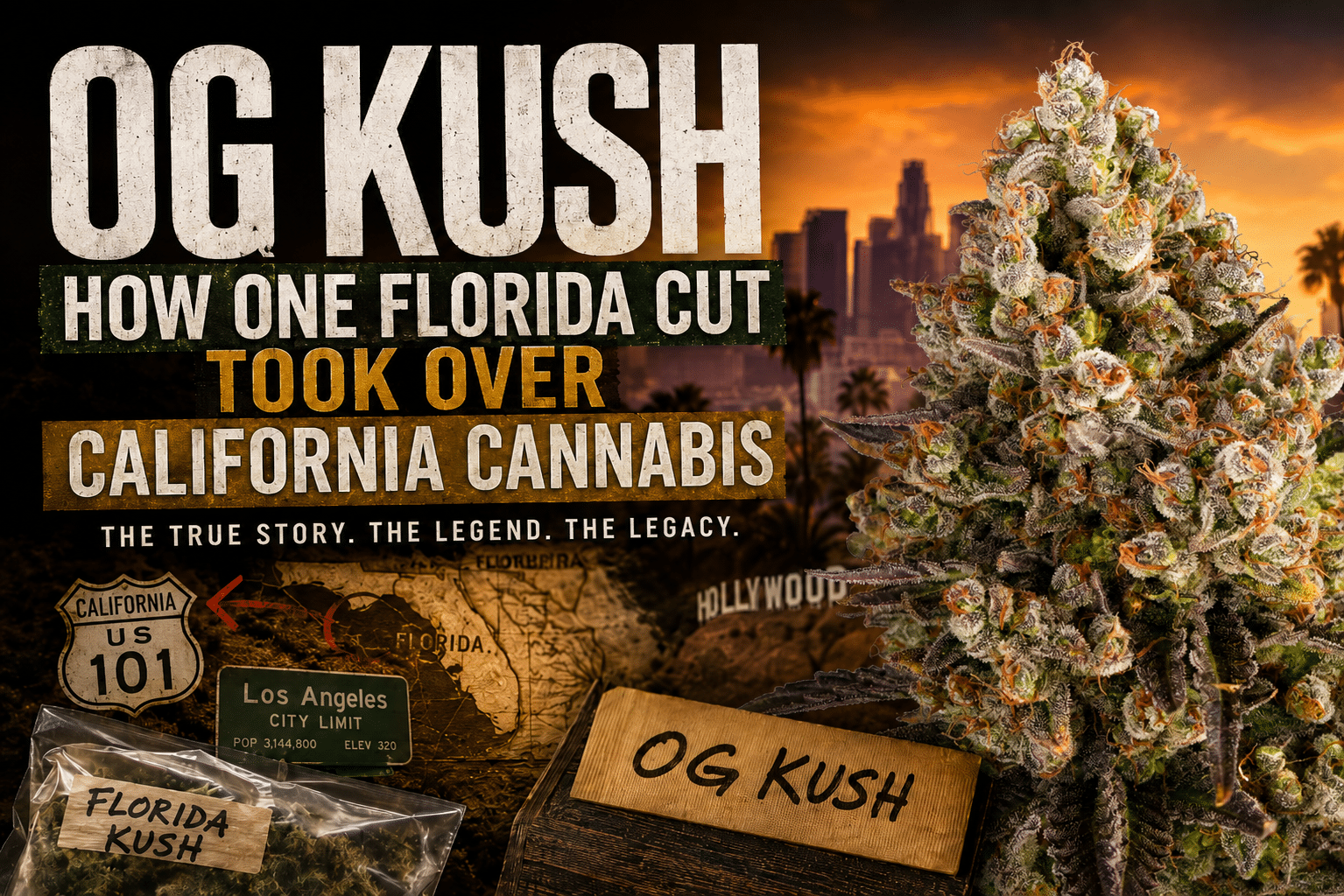 OG Kush history illustration showing the Florida origins, California expansion and major descendants of the OG Kush family