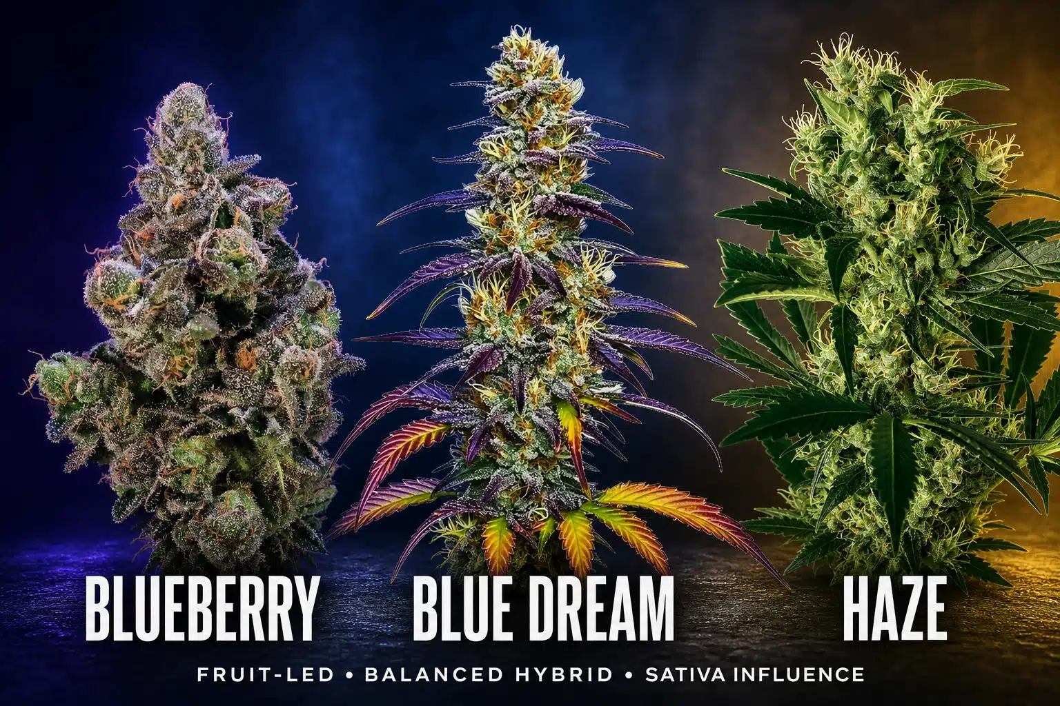 Blue Dream compared with Blueberry, Haze and classic cannabis strains