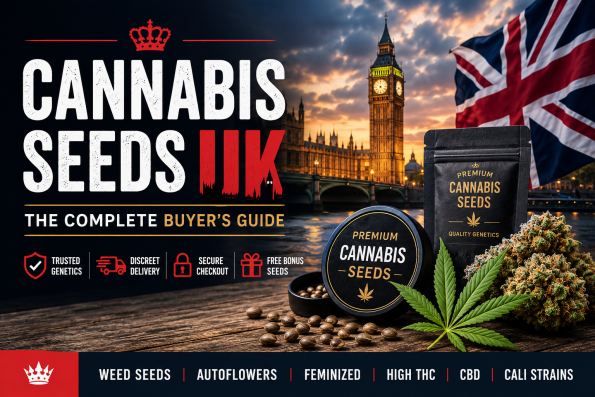 Cannabis Seeds UK Buyer's Guide featuring the London skyline and premium cannabis seed imagery